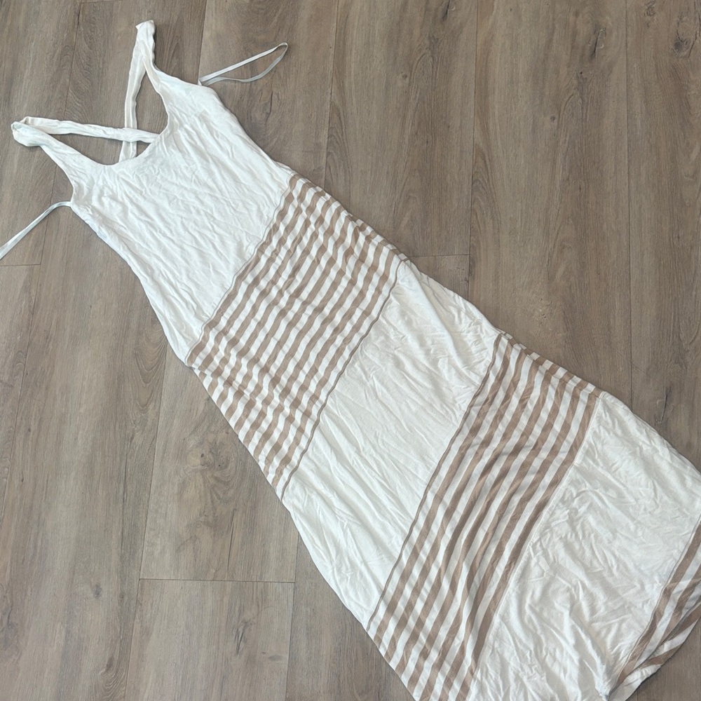 BEBE CREAM/TAN STRIPED TANK MAXI DRESS